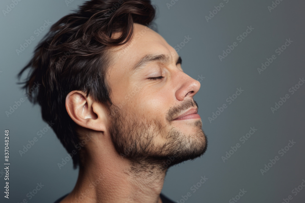 A close up of a man with beard and closed eyes looking to a side A close up of a man with beard and closed eyes looking to a side