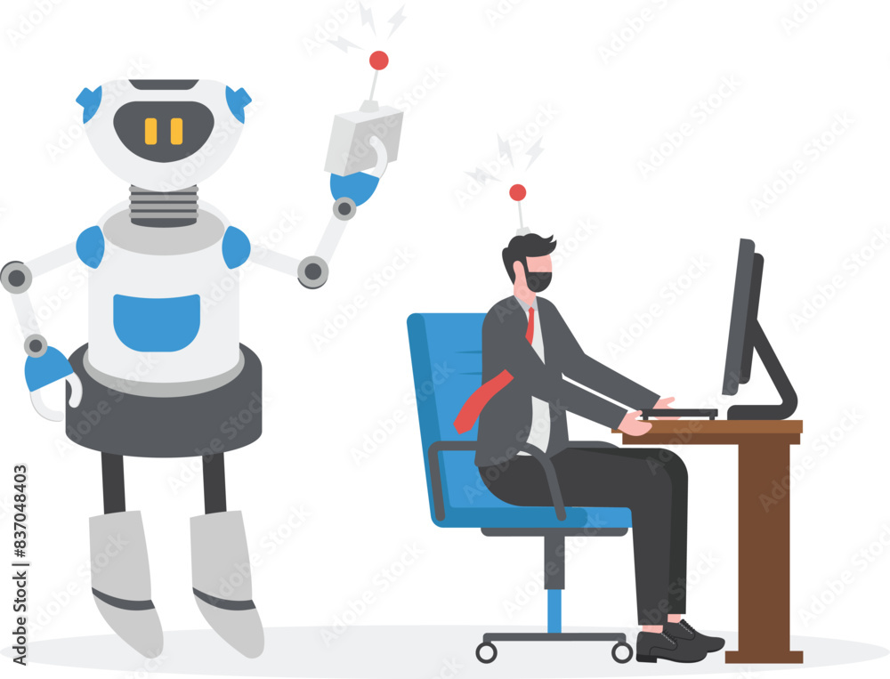 Robot use remote control with a businessman at office desk. Artificial intelligence technology business concept.
Robot use remote control with a businessman at office desk. Artificial intelligence technology business concept.
