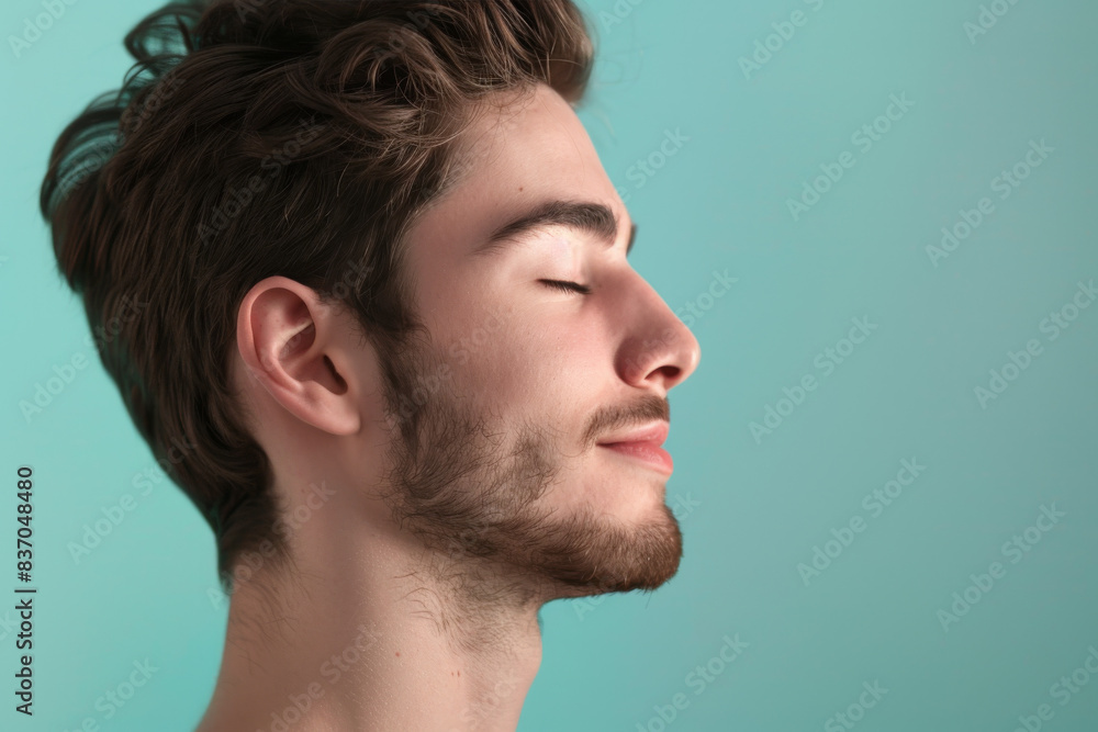 Fototapeta premium A close up of a man with beard and closed eyes looking to a side