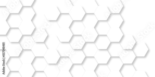   Vector pattern with hexagonal white and gray technology line paper background. Hexagonal 3d grid tile and mosaic structure mess cell. white and gray hexagon honeycomb geometric copy space.