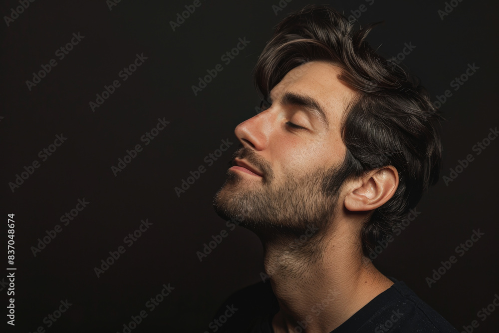 A close up of a man with beard and closed eyes looking to a side