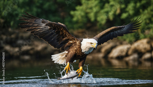 Bald eagle in flight grabs fish from water photo