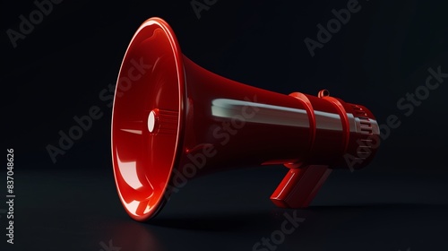 Vivid red megaphone against sleek black backdrop. Symbolizing power and urgency.