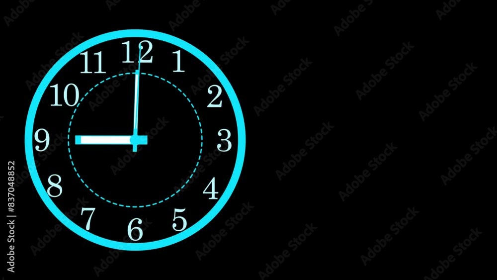 Analog clock icon with moving arrows animation on a black background. Analog clock icon with moving arrows animation on a black background.