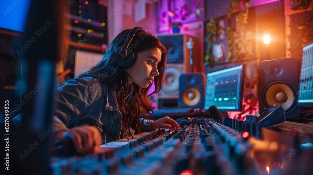 Focused Woman with Headphones Recording a Podcast Episode in Studio Focused Woman with Headphones Recording a Podcast Episode in Studio