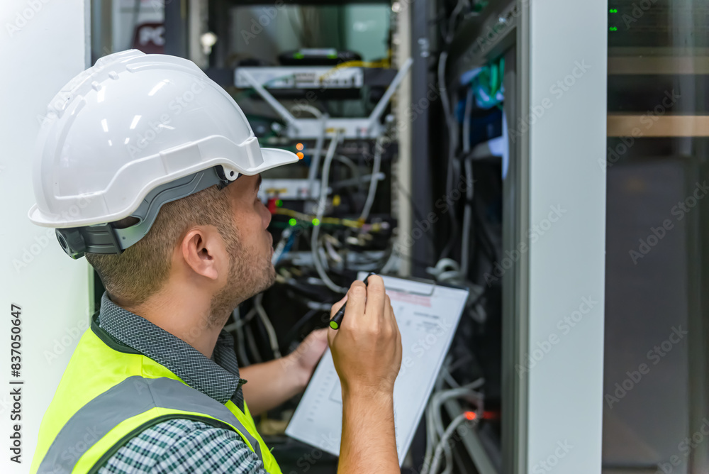 an IT technician working on network Internet cables and servers and try to checklist on the paper an IT technician working on network Internet cables and servers and try to checklist on the paper