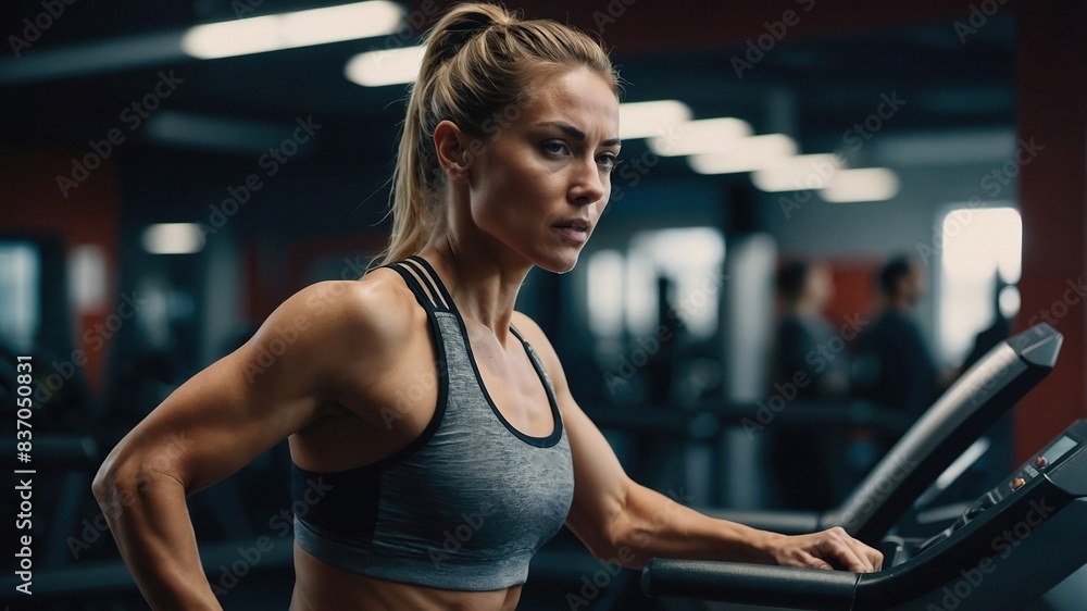 Beautiful sport woman in gym, running on treadmill. Routine workout for woman's physical and mental health Beautiful sport woman in gym, running on treadmill. Routine workout for woman's physical and mental health