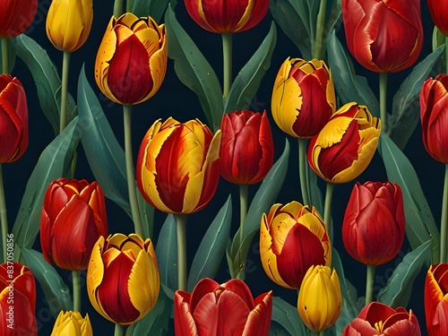 Seamless Pattern of Tulips in Vibrant Red and Yellow, generative AI