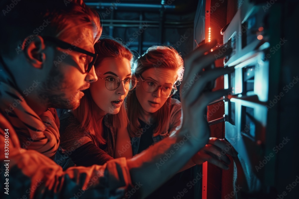 Obraz premium Team Building Escape Room Challenge - Coworkers Solving Puzzles and Finding Clues