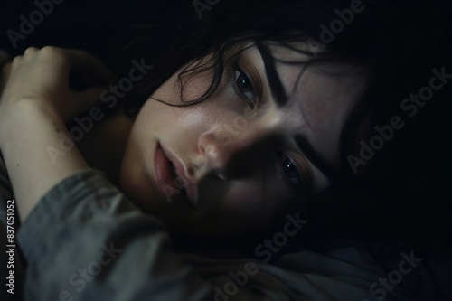close-up of sad woman lying on bed