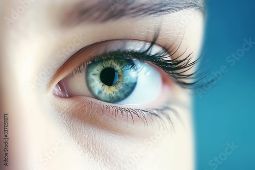 close-up of a woman blue eye on blue background