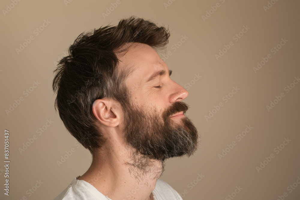Fototapeta premium A close up of a man with beard and closed eyes looking to a side