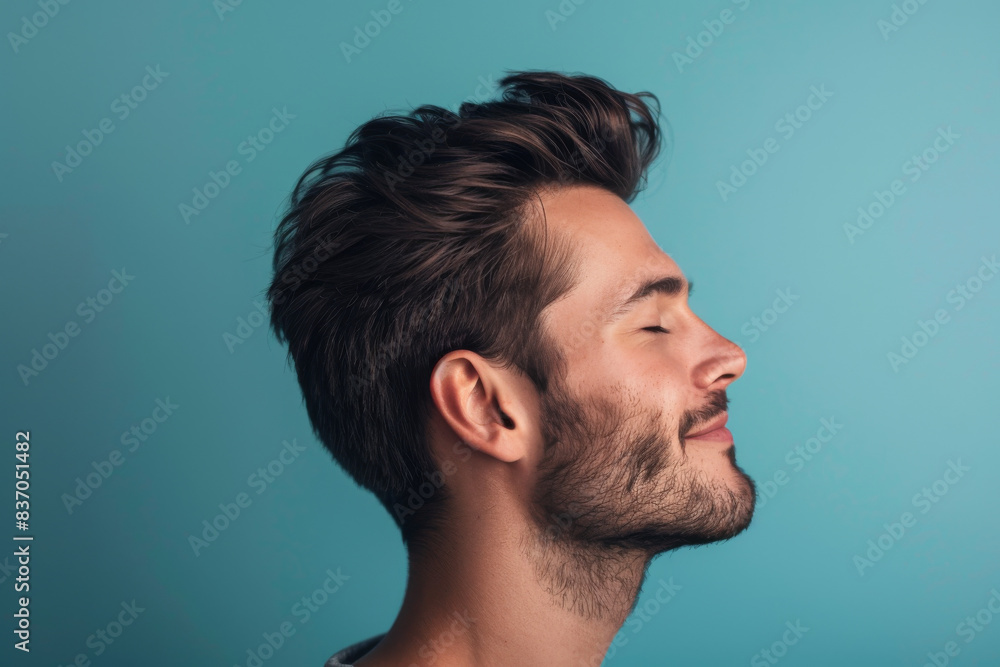 Fototapeta premium A close up of a man with beard and closed eyes looking to a side