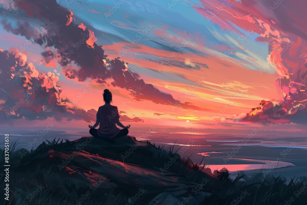 Tranquil Meditation at Sunset on Hilltop - Peaceful Outdoor Serenity for Relaxation Posters and Cards Tranquil Meditation at Sunset on Hilltop - Peaceful Outdoor Serenity for Relaxation Posters and Cards
