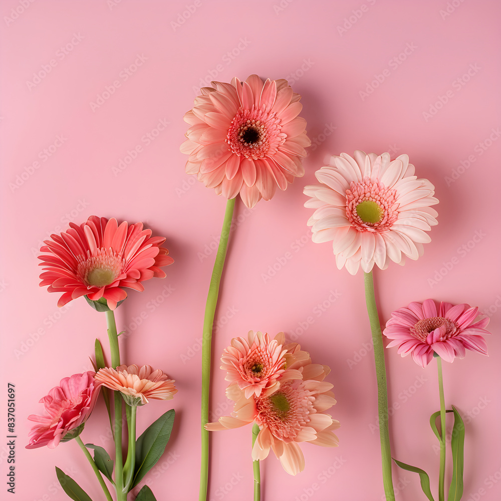 Colorful array of gerbera daisies arranged diagonally on a pastel pink backdrop Colorful array of gerbera daisies arranged diagonally on a pastel pink backdrop