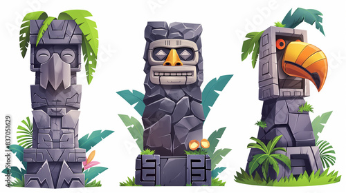 Fototapeta Naklejka Na Ścianę i Meble -  Asset of the Aztec jungle totem face for mobile game or slot game isolation, Illustration.