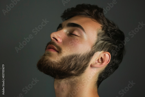 A close up of a man with beard and closed eyes looking to a side