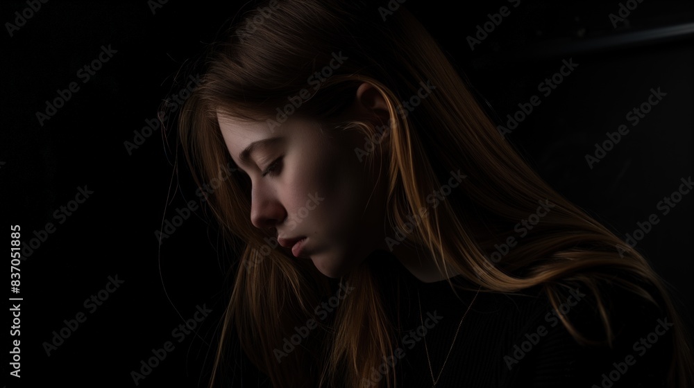 A close-up portrait of a woman with long blonde hair, looking down, in a dark room A close-up portrait of a woman with long blonde hair, looking down, in a dark room