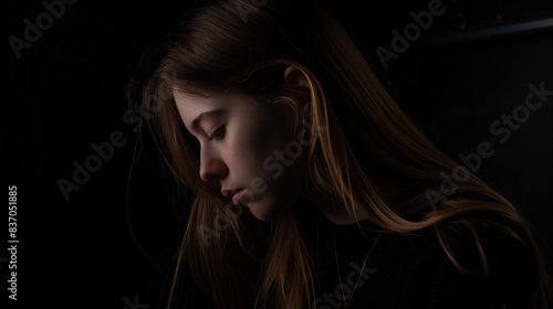 A close-up portrait of a woman with long blonde hair, looking down, in a dark room
