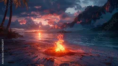 Mesmerizing Beach Sunset with a Warm Campfire on the Sandy Shoreline, Palm Trees, Majestic Mountains, and Ocean Waves under Dramatic, Cloudy Skiesbeach