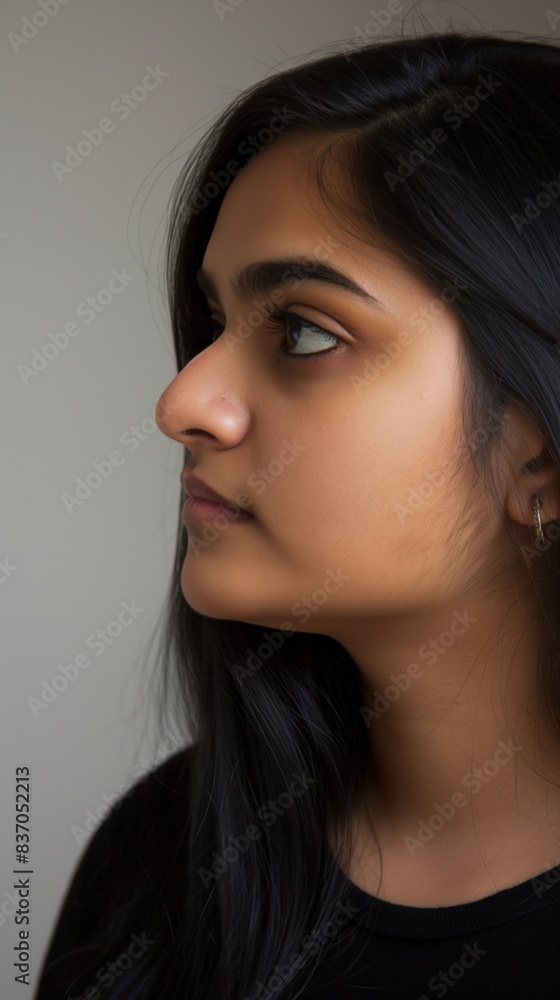 Obraz premium A close-up portrait of a young woman with long black hair