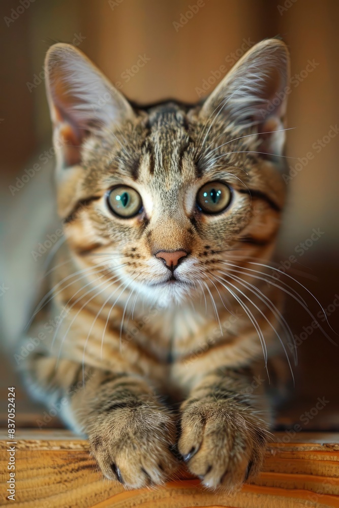 A curious tabby cat with sparkling eyes lying on the floor, looking at the camera in a closeup shot with soft lighting, and a blurred background