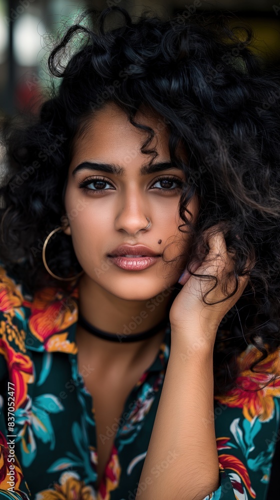 A portrait of a young woman with curly hair, posing in a floral shirt A portrait of a young woman with curly hair, posing in a floral shirt