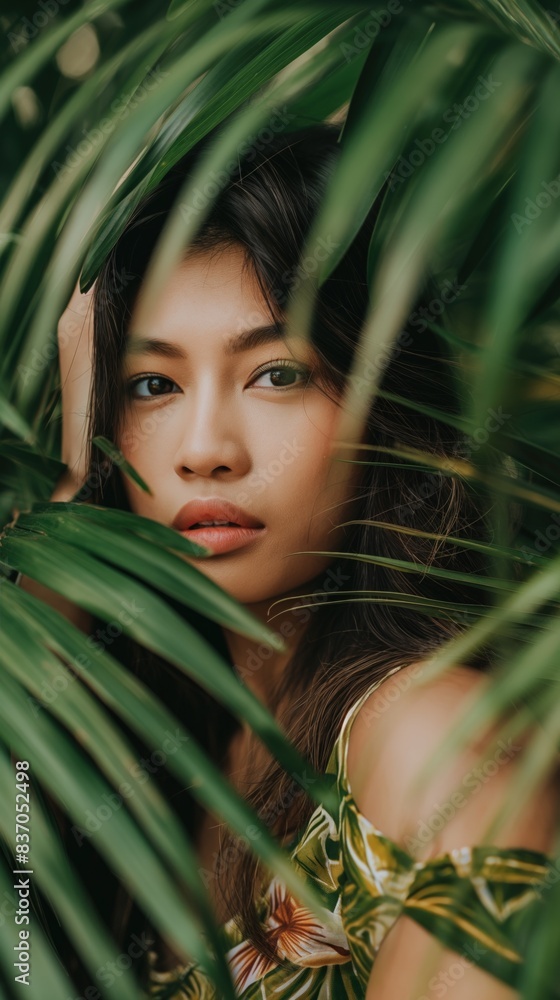 A womans face partially hidden by palm fronds, her eyes looking through the leaves A womans face partially hidden by palm fronds, her eyes looking through the leaves