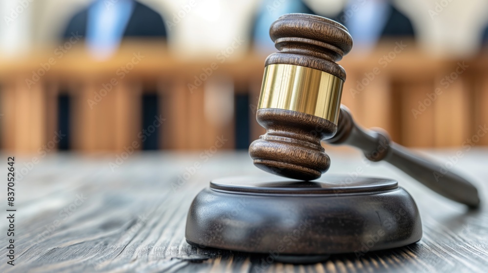 A wooden gavel with a gold band lies on its sound block in a courtroom