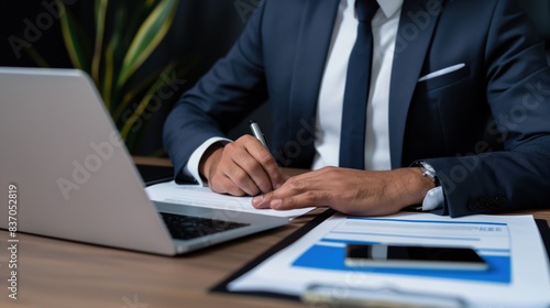 A businessman signing paperwork at a desk, with a laptop and other documents