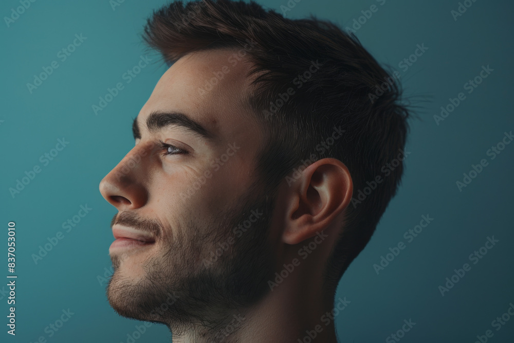 Fototapeta premium A close up of a man with beard and closed eyes looking to a side