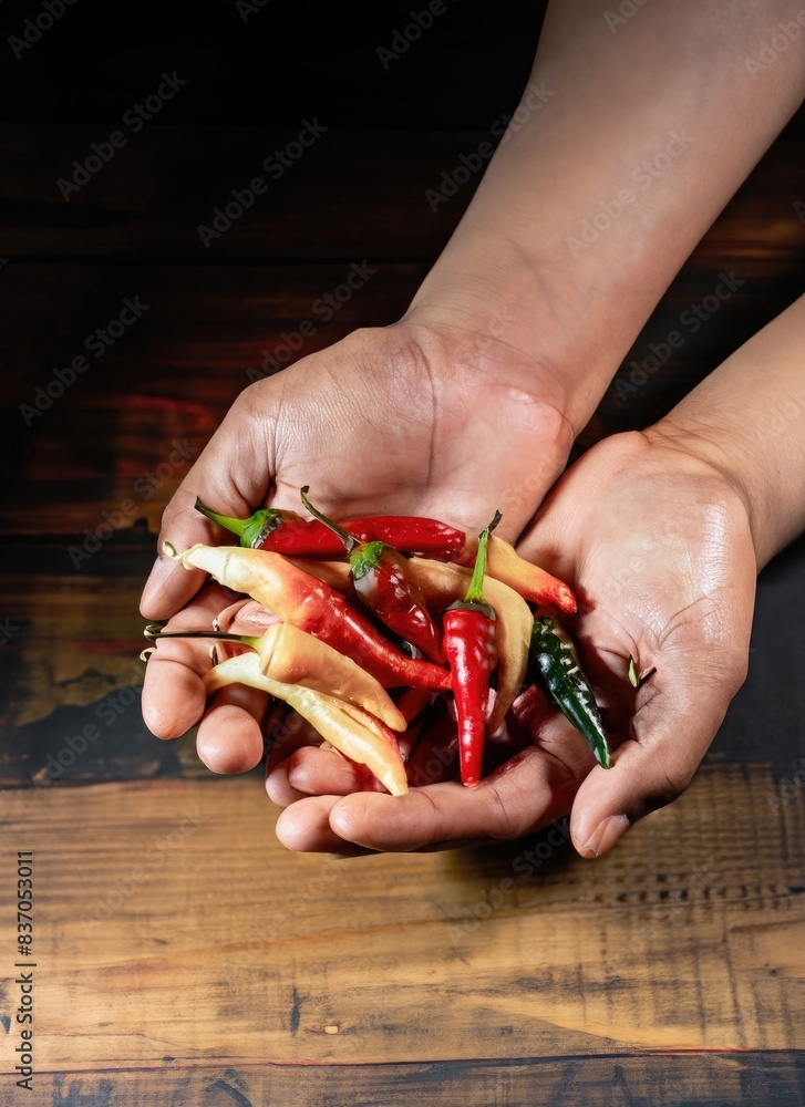 hands with handful of chili peppers hands with handful of chili peppers