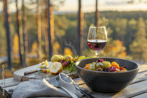 Beautifully Plated Bowl of Karjalanpaisti with Pickled Vegetables and Red Wine in Finnish Forest photo