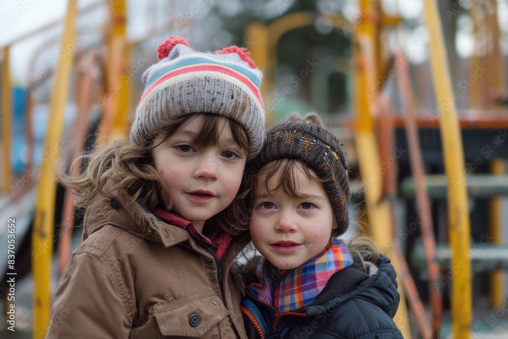 portrait of kids with blurry background of a playground portrait of kids with blurry background of a playground