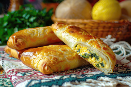 Moldovan Plăcintă with Cheese and Spinach on an Embroidered Cloth in a Cozy Rural Kitchen with Warm Lighting photo