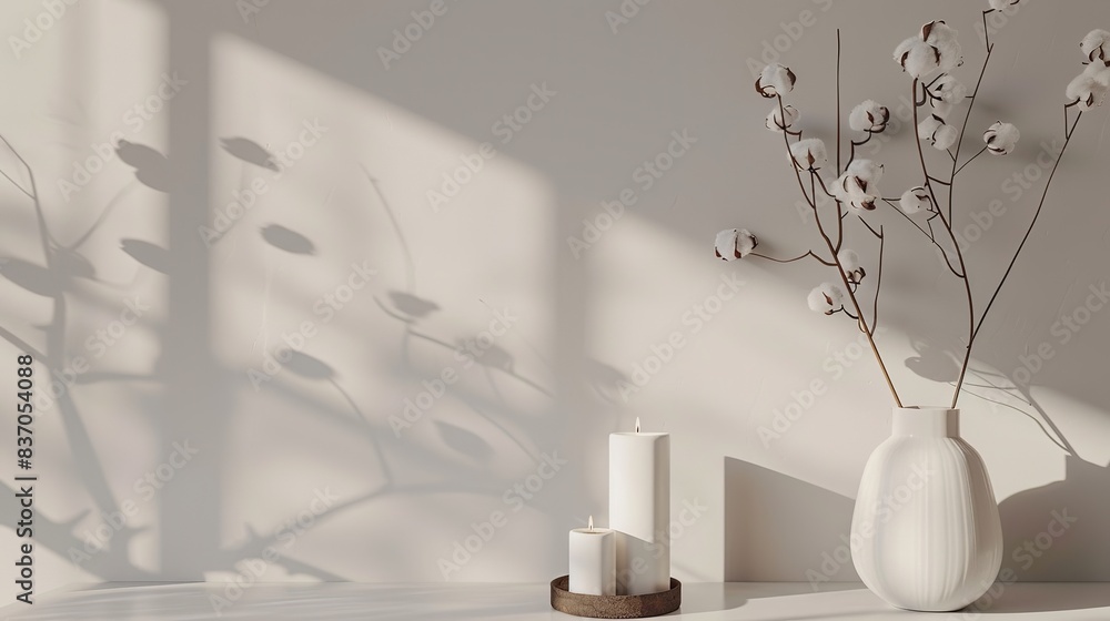 Minimalist White Wall Background with Delicate Cotton Branches and Softly Lit Candles, Creating an Exquisitely Elegant and Serene Atmosphere for Product Photography, Where the Clean Lines of the Simpl Minimalist White Wall Background with Delicate Cotton Branches and Softly Lit Candles, Creating an Exquisitely Elegant and Serene Atmosphere for Product Photography, Where the Clean Lines of the Simpl