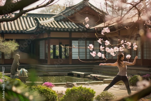 Serene Tai Chi Practice in Tranquil Japanese Garden with Blooming Cherry Blossoms photo