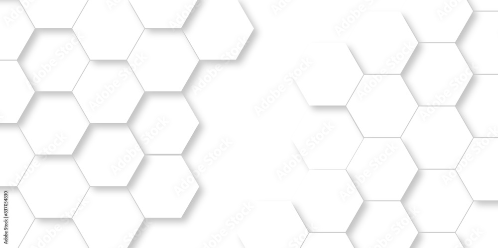 Vector pattern with hexagonal white and gray technology line paper background. Hexagonal 3d grid tile and mosaic structure mess cell. white and gray hexagon honeycomb geometric copy space.