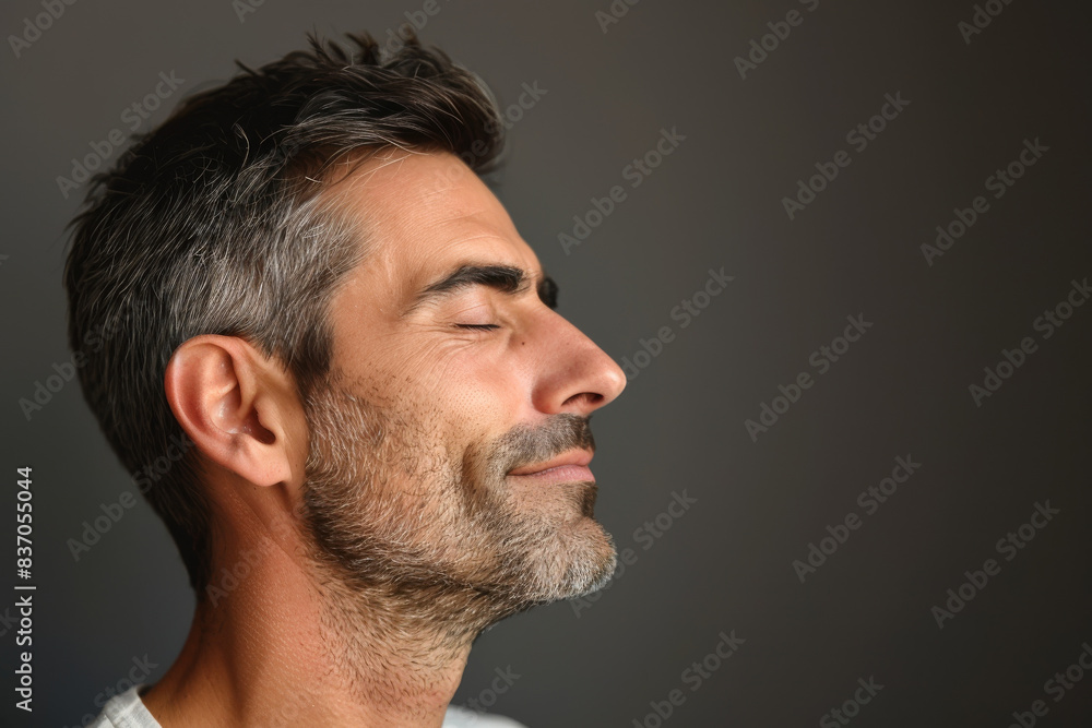 Obraz premium A close up of a man with beard and closed eyes looking to a side