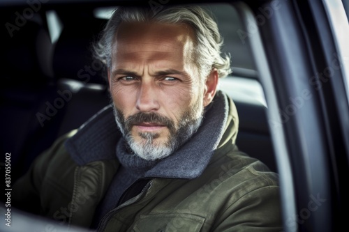 portait of man with grey hair in a car © alisaaa