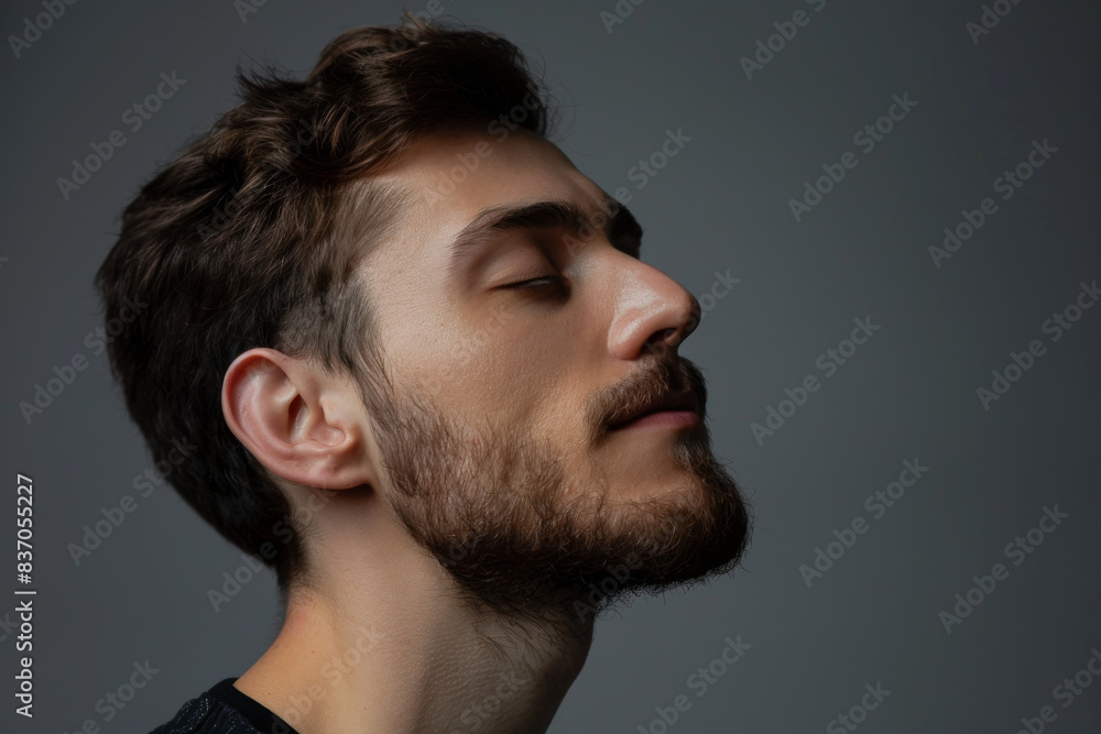 A close up of a man with beard and closed eyes looking to a side