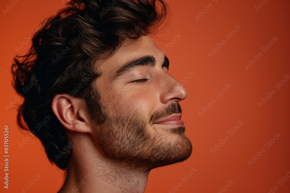 Obraz premium A close up of a man with beard and closed eyes looking to a side