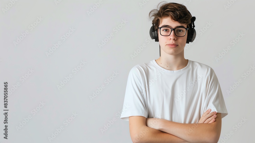 A student participating in a virtual classroom with headphones and a webcam Isolated on white background with copy space A student participating in a virtual classroom with headphones and a webcam Isolated on white background with copy space
