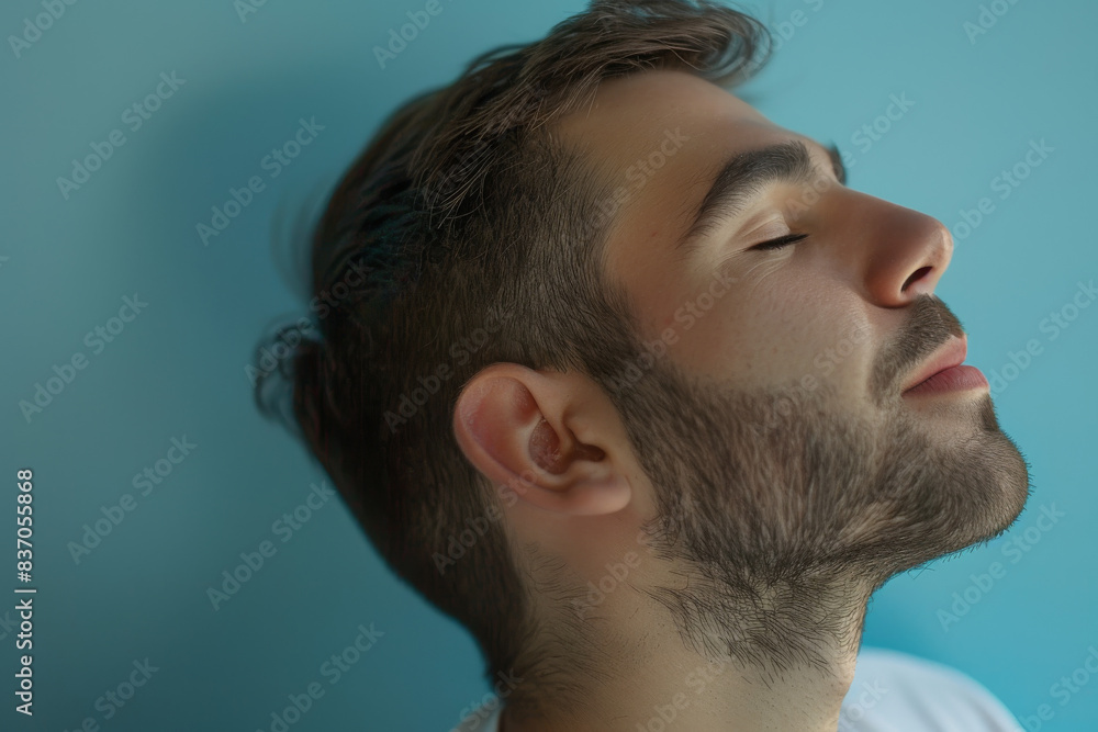 Fototapeta premium A close up of a man with beard and closed eyes looking to a side