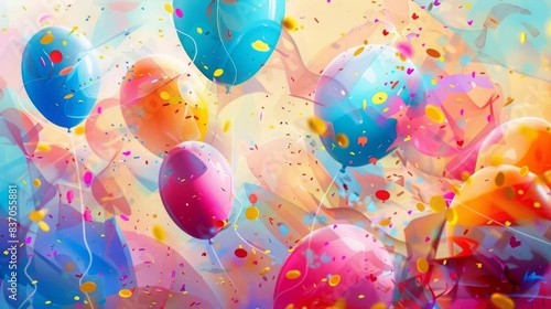 Colorful balloons and confetti floating in a festive background.