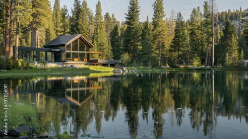 Tranquil, mountain retreat with a modern cabin surrounded by towering pines and a clear lake generated by AI
