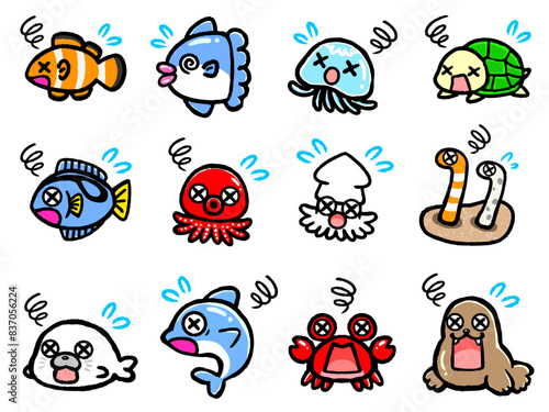 弱っている水族館の生き物のアイコンイラスト素材セット