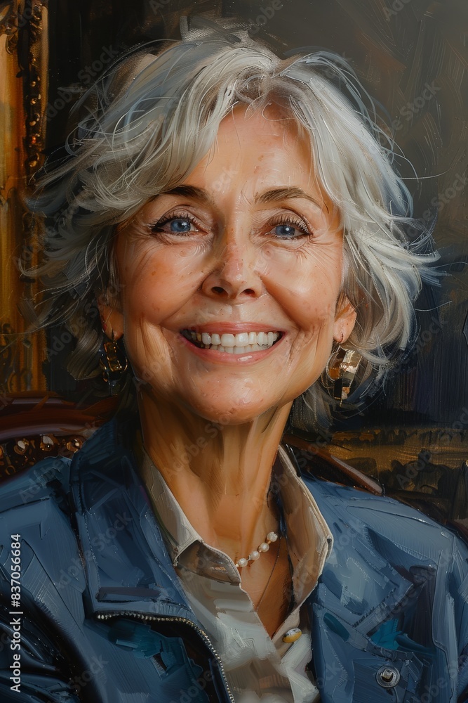 Portrait of a Smiling Elderly Woman with Gray Hair, Blue Eyes, Wearing a Blue Jacket and Pearl Earrings in a Classic SettingSmiling Portrait of a Smiling Elderly Woman with Gray Hair, Blue Eyes, Wearing a Blue Jacket and Pearl Earrings in a Classic SettingSmiling