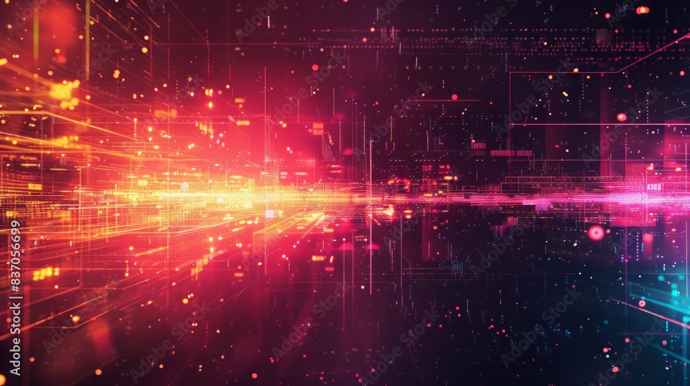 Fototapeta premium A dynamic digital glitch background showcasing bright, neon colors against a black backdrop.