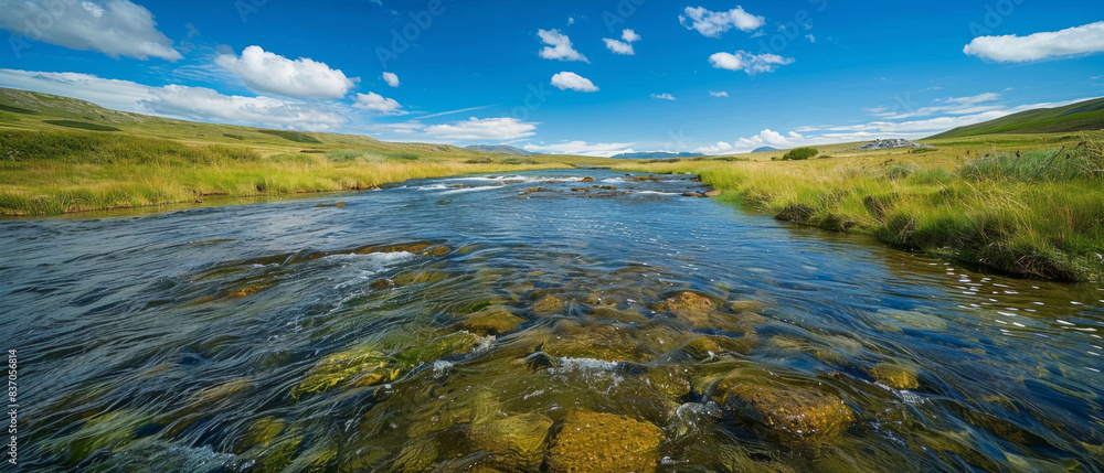 A river with a clear blue sky above it A river with a clear blue sky above it